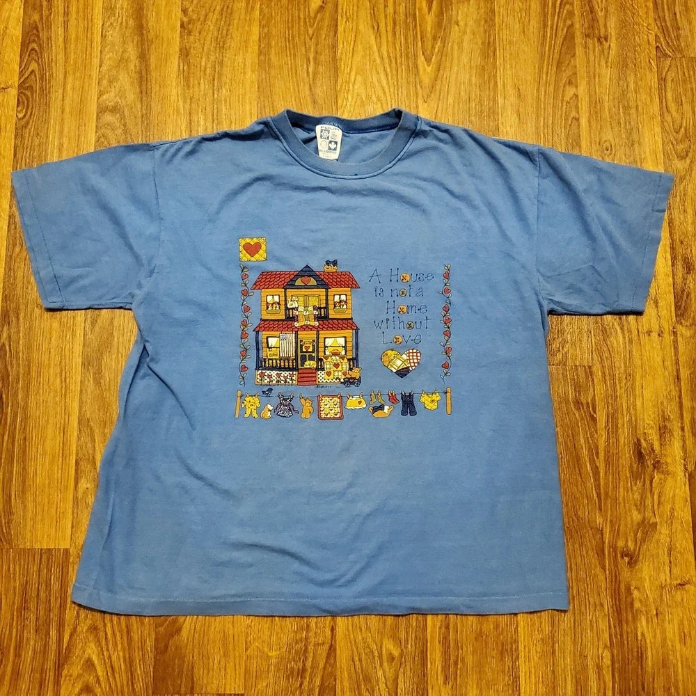 Vintage Cottagecore Shirt Adult XL Blue House is not a Home‎ Without Love 90s
